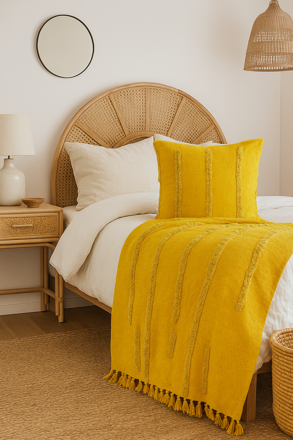 Golden Mustard Cotton Throw - Handwoven Boho Textured Blanket | 125x175cm