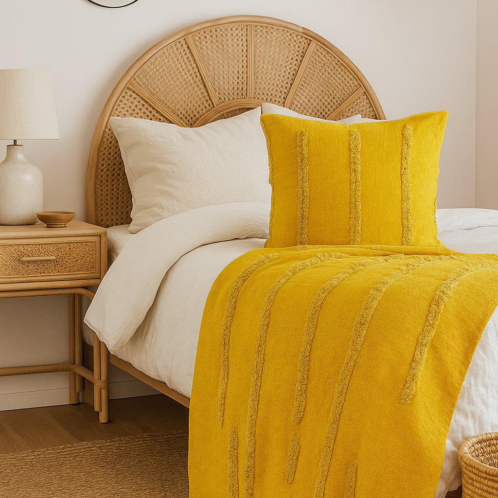 Golden Mustard Cotton Throw - Handwoven Boho Textured Blanket | 125x175cm