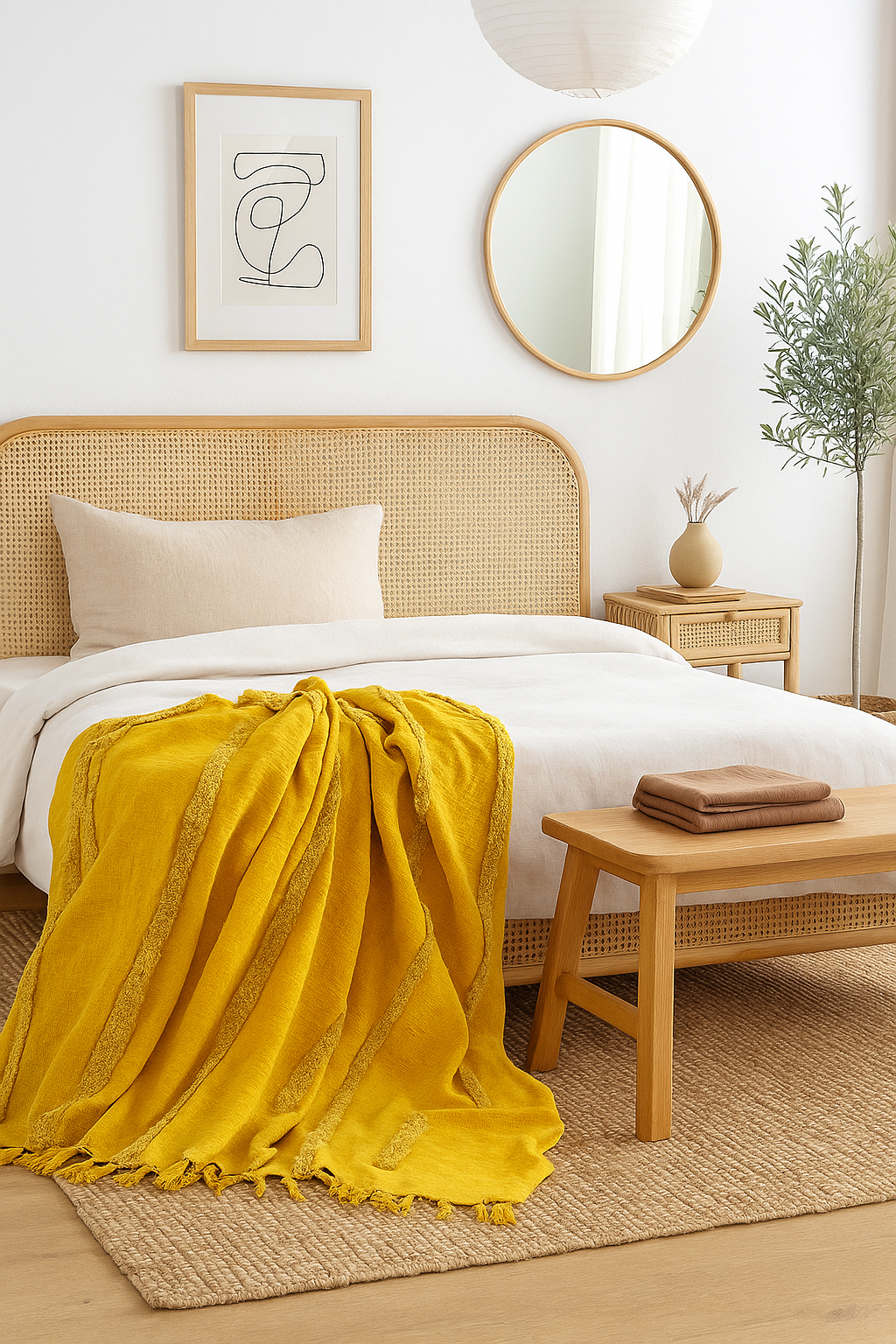 Golden Mustard Cotton Throw - Handwoven Boho Textured Blanket | 125x175cm