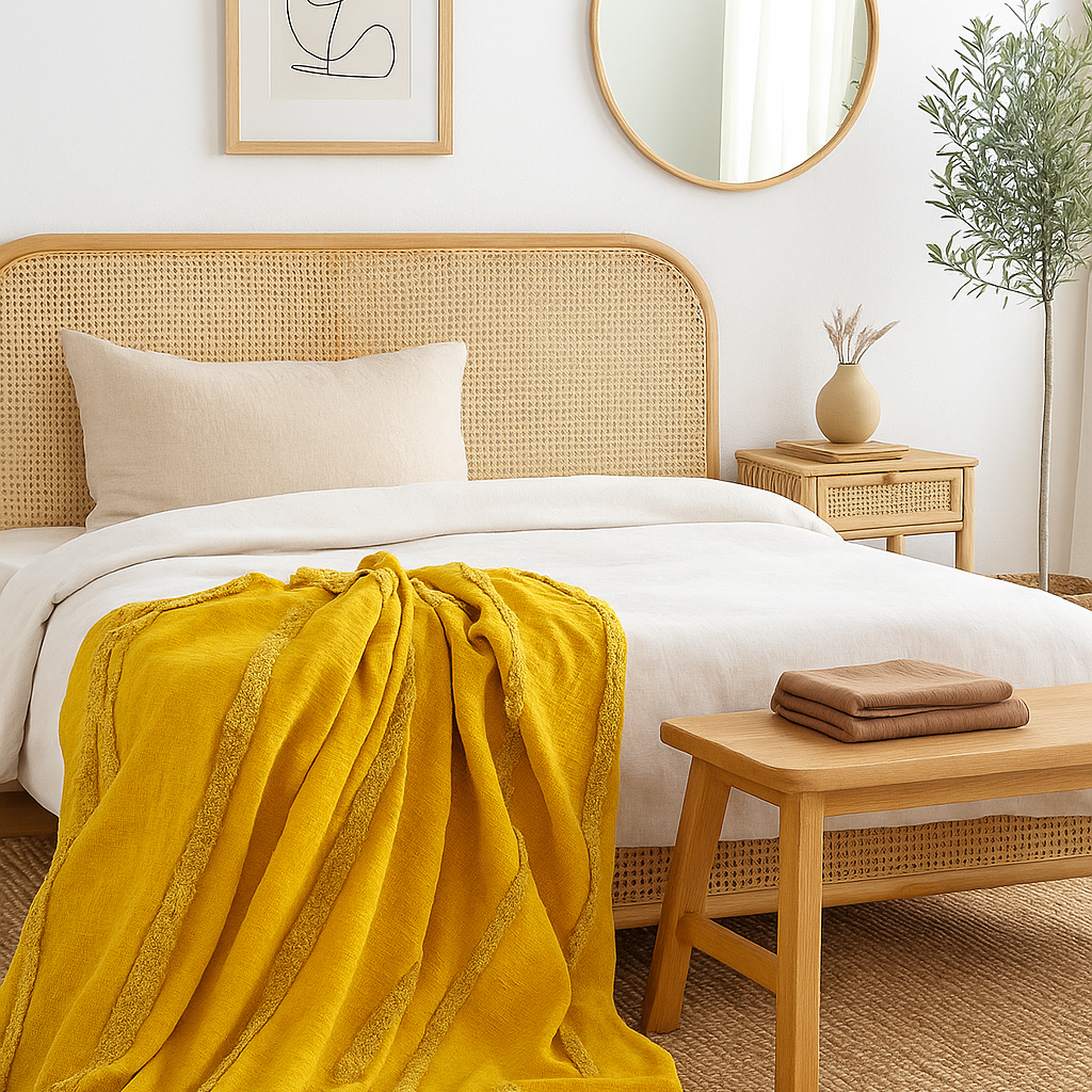 Golden Mustard Cotton Throw - Handwoven Boho Textured Blanket | 125x175cm