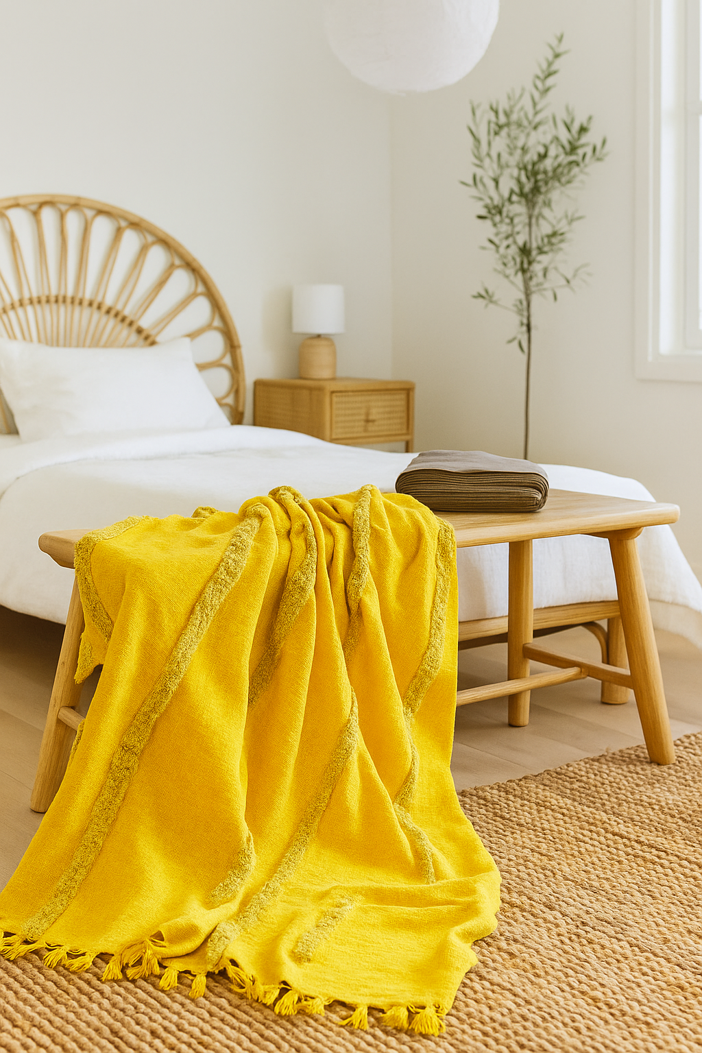 Golden Mustard Cotton Throw - Handwoven Boho Textured Blanket | 125x175cm