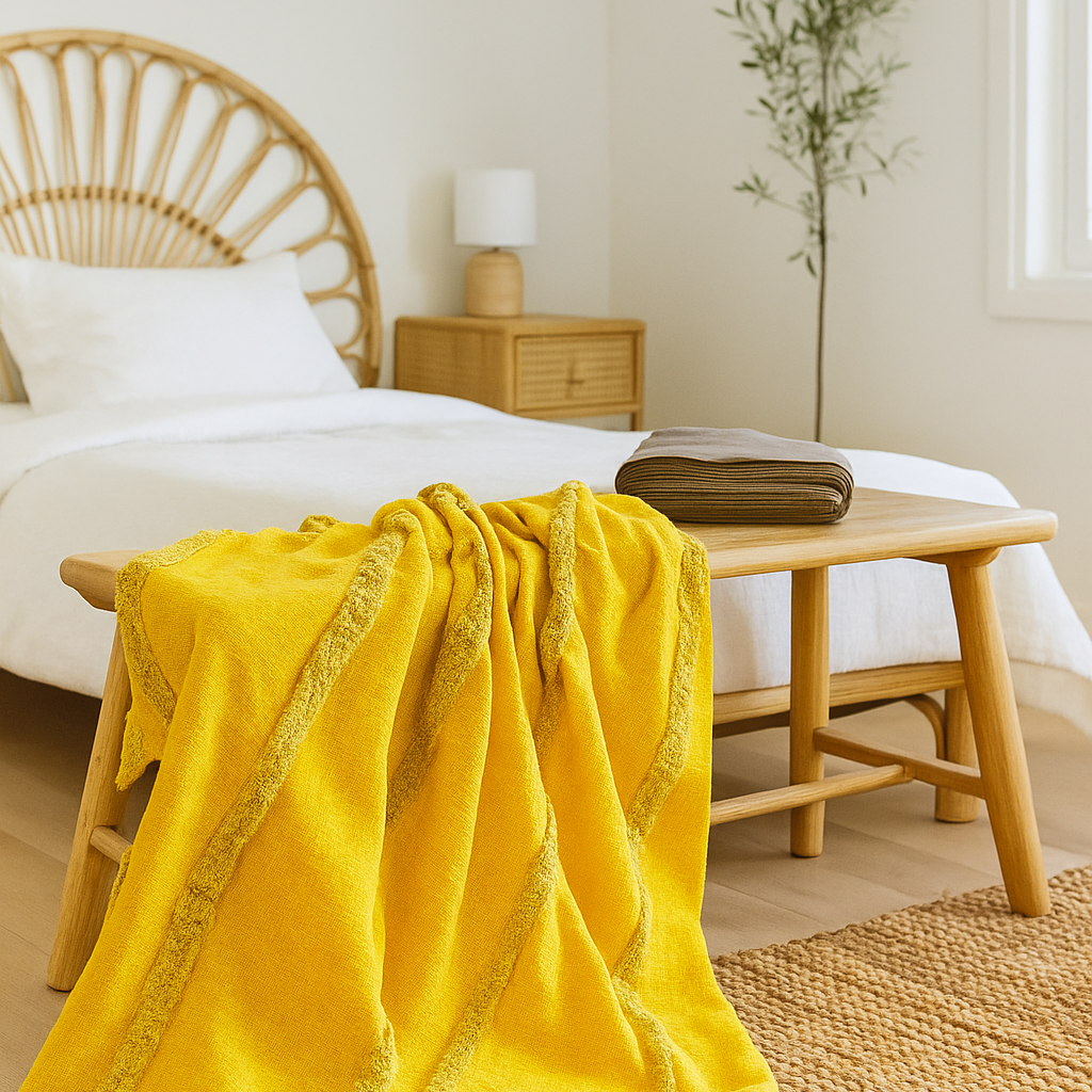 Golden Mustard Cotton Throw - Handwoven Boho Textured Blanket | 125x175cm