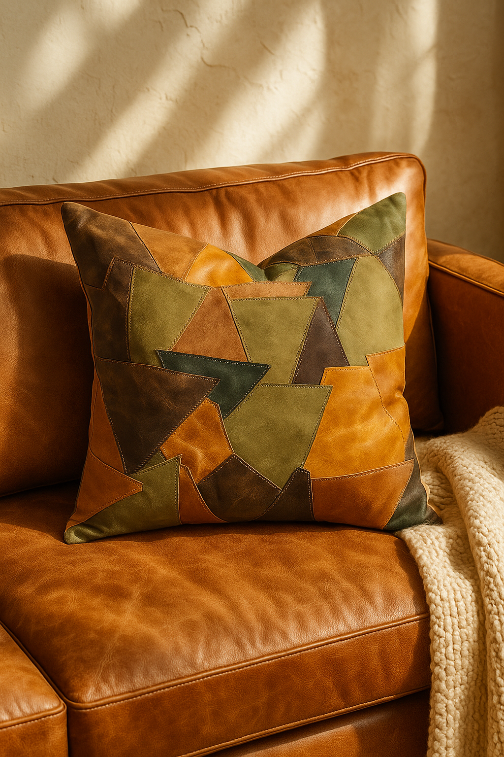 Boho Leather Patchwork Cushion Cover - Rustic & Earthy Style | 60x60cm