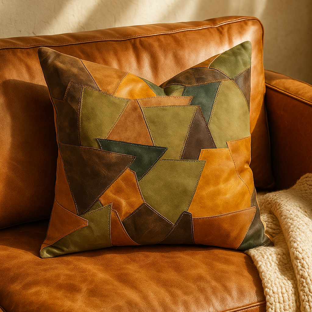 Boho Leather Patchwork Cushion Cover - Rustic & Earthy Style | 60x60cm