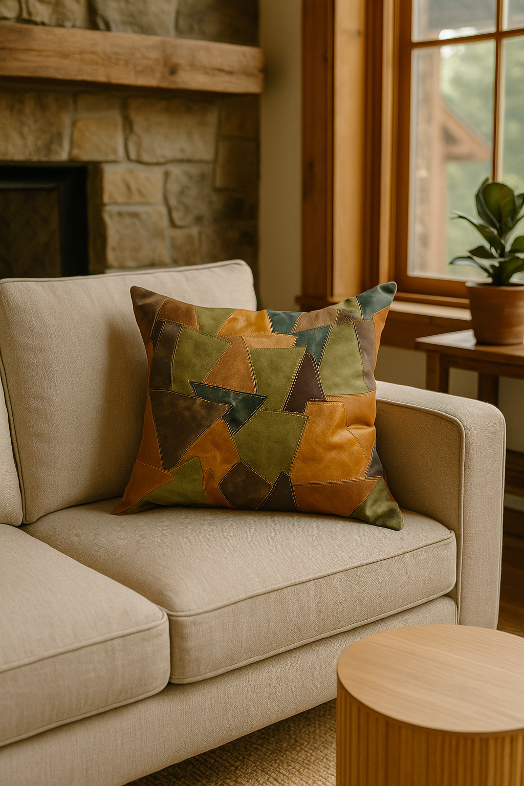 Boho Leather Patchwork Cushion Cover - Rustic & Earthy Style | 60x60cm