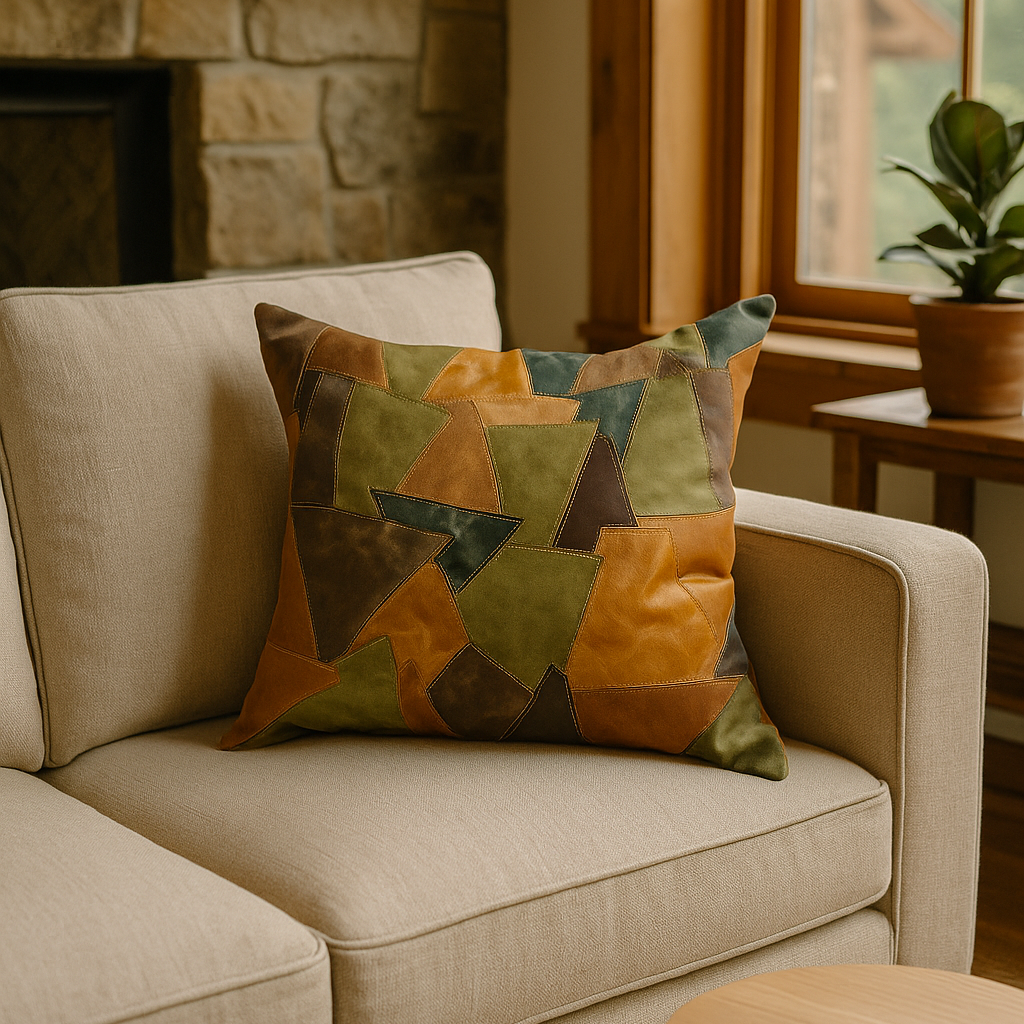 Boho Leather Patchwork Cushion Cover - Rustic & Earthy Style | 60x60cm