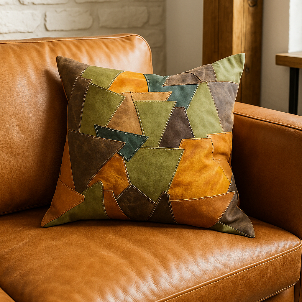 Boho Leather Patchwork Cushion Cover - Rustic & Earthy Style | 60x60cm