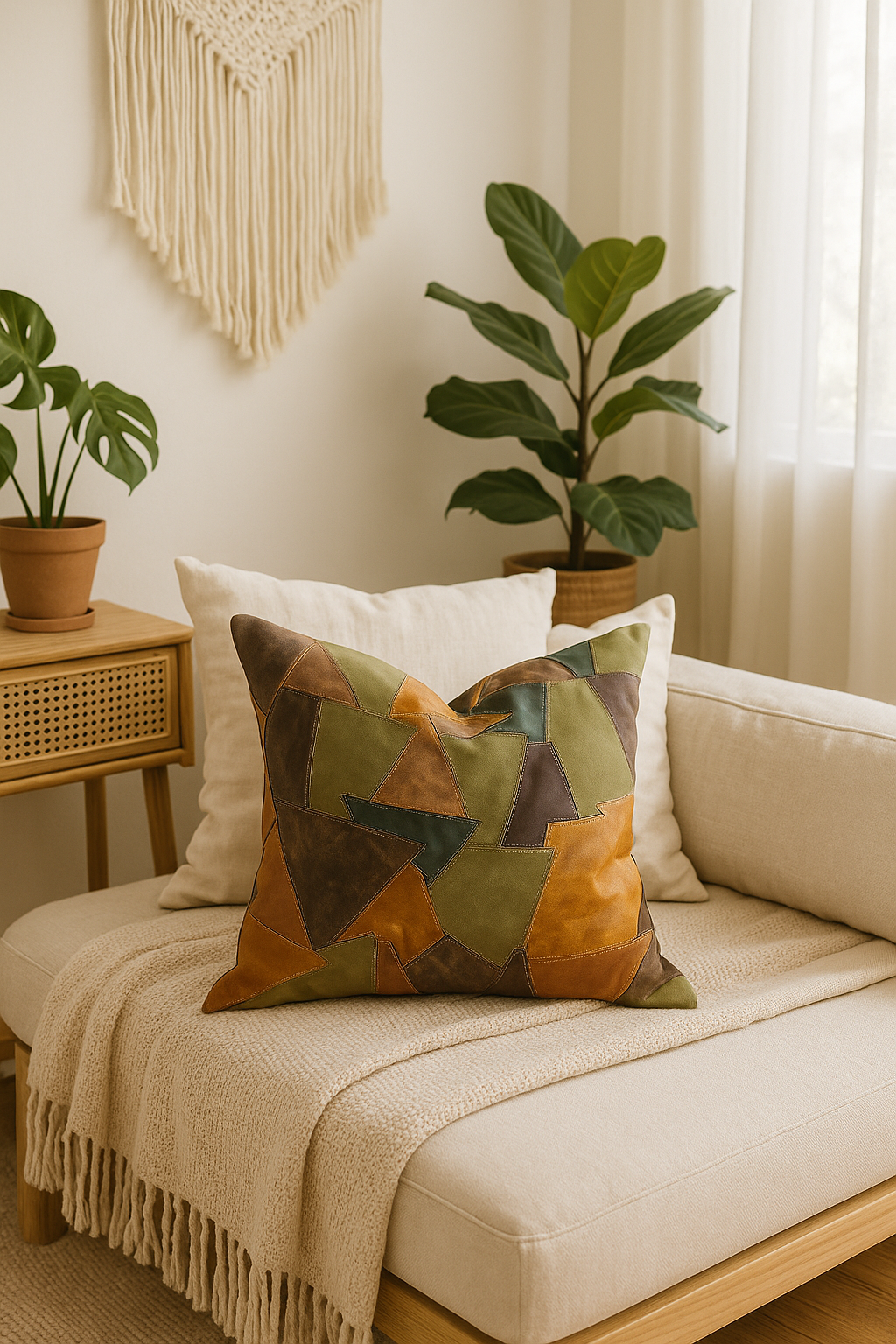 Boho Leather Patchwork Cushion Cover - Rustic & Earthy Style | 60x60cm