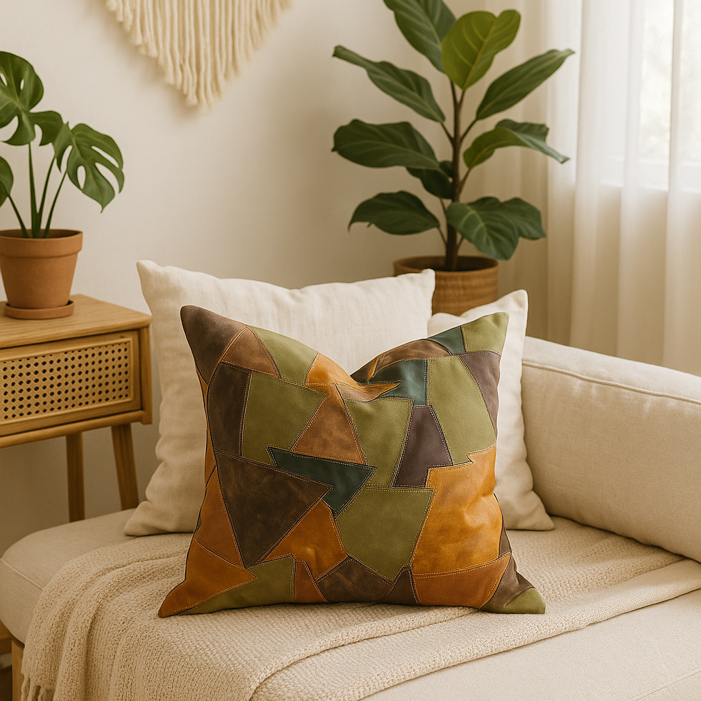Boho Leather Patchwork Cushion Cover - Rustic & Earthy Style | 60x60cm
