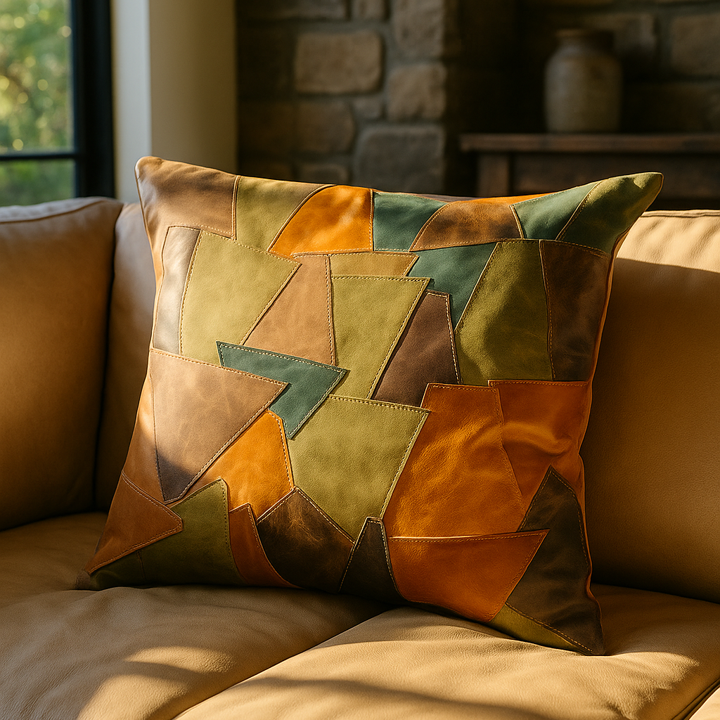 Boho Leather Patchwork Cushion Cover - Rustic & Earthy Style | 60x60cm