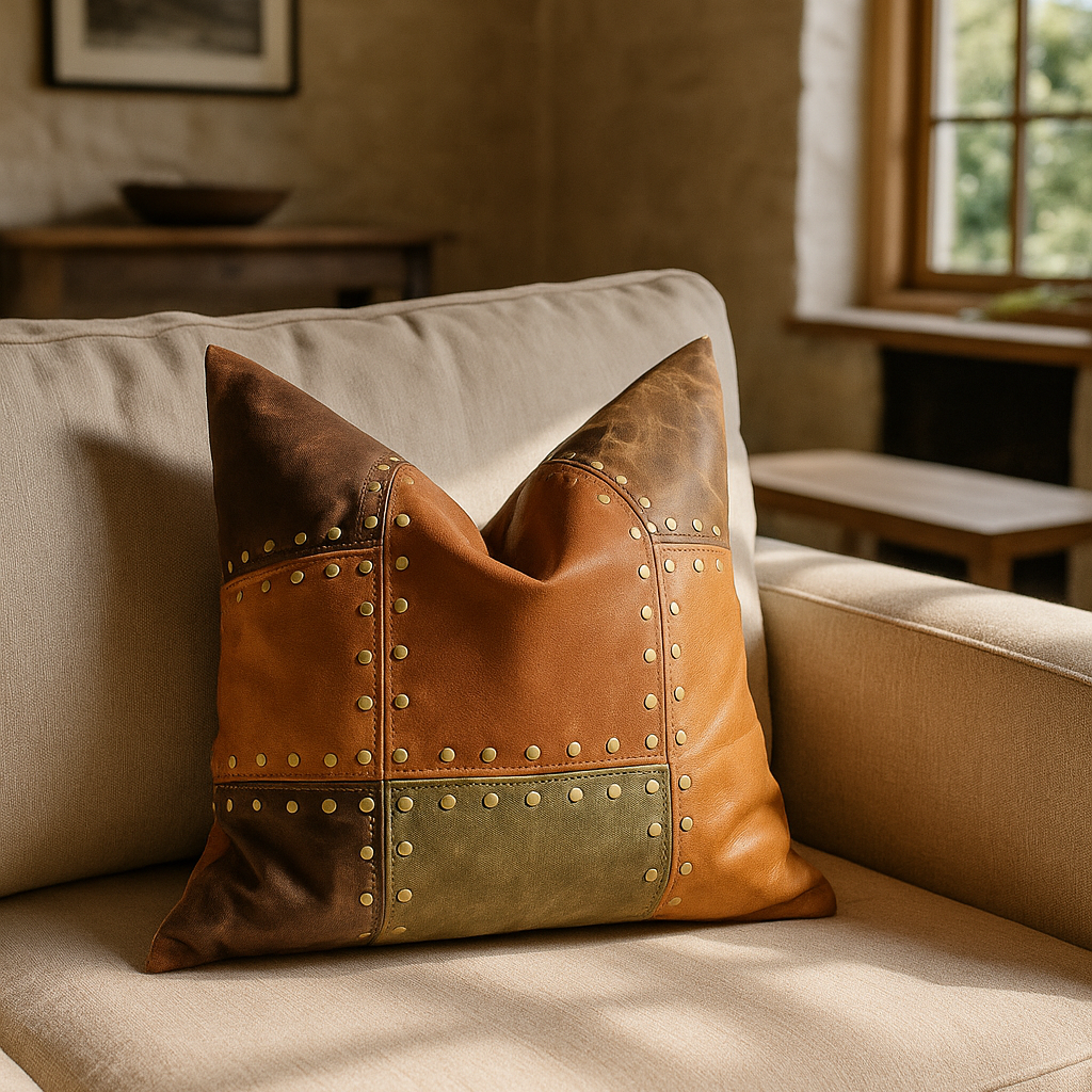 Artisan Leather Patchwork Cushion Cover - Rustic & Boho Style