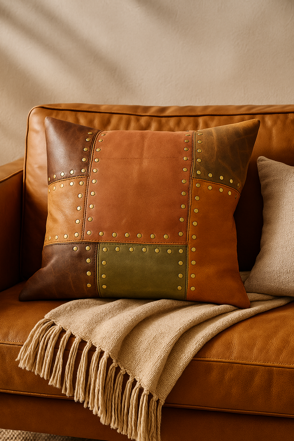Artisan Leather Patchwork Cushion Cover - Rustic & Boho Style