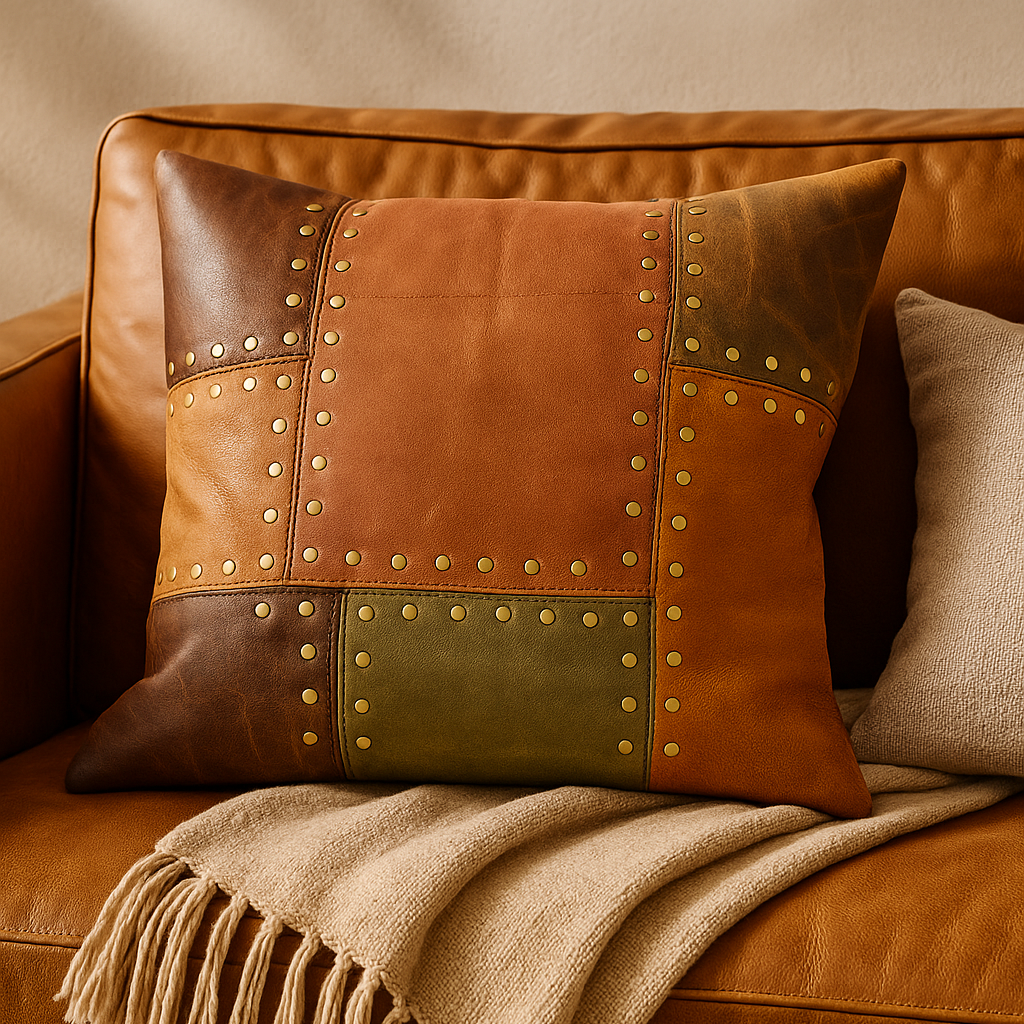 Artisan Leather Patchwork Cushion Cover - Rustic & Boho Style