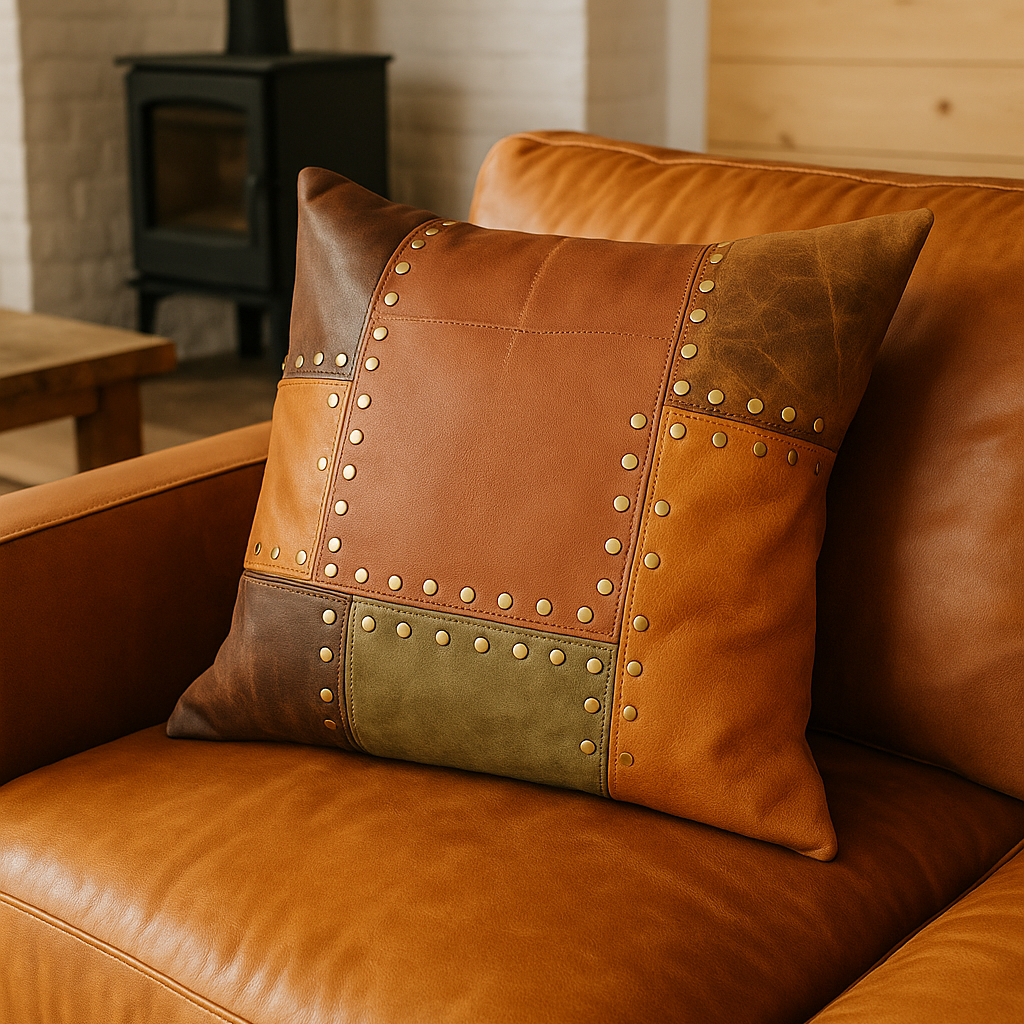 Artisan Leather Patchwork Cushion Cover - Rustic & Boho Style