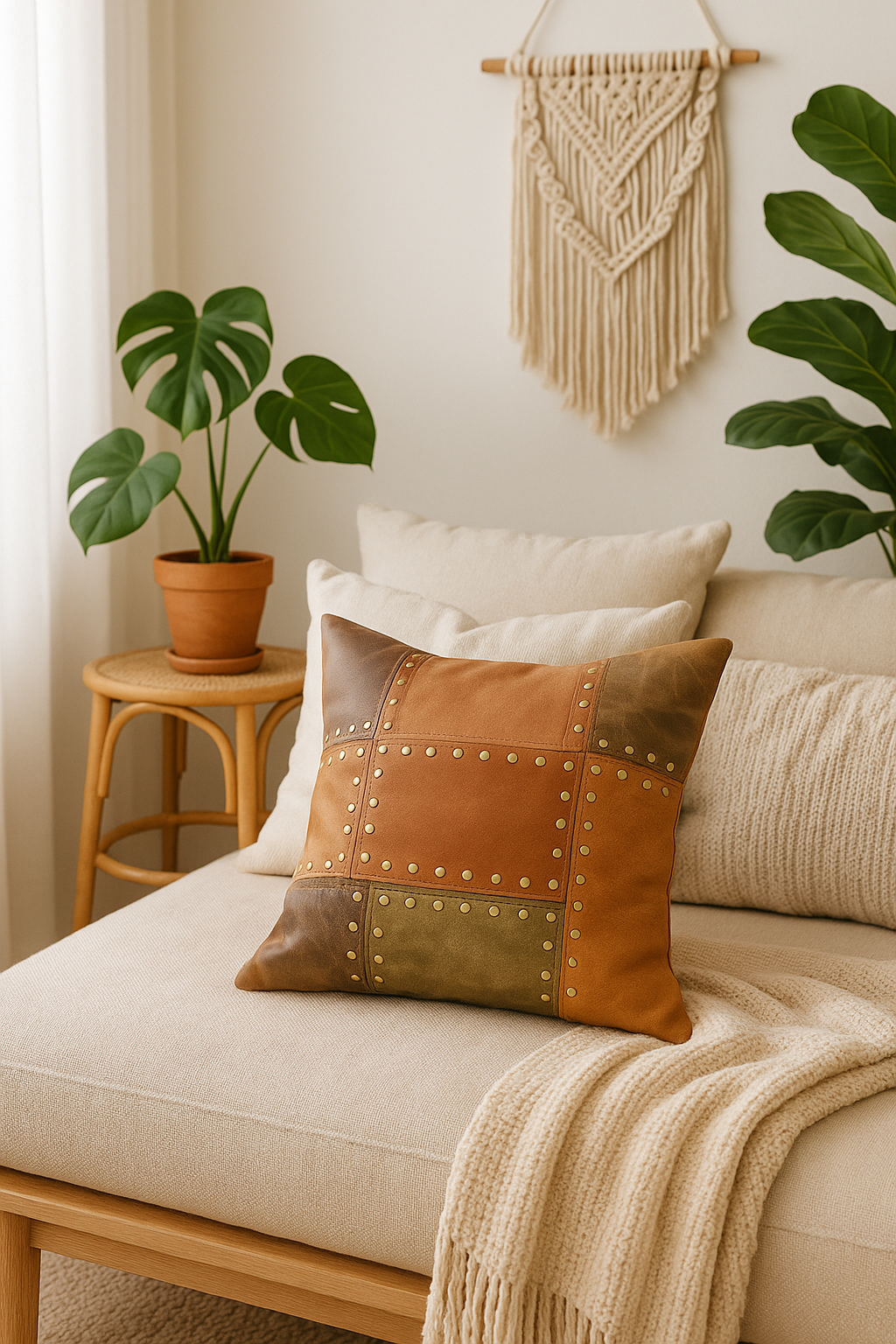 Artisan Leather Patchwork Cushion Cover - Rustic & Boho Style