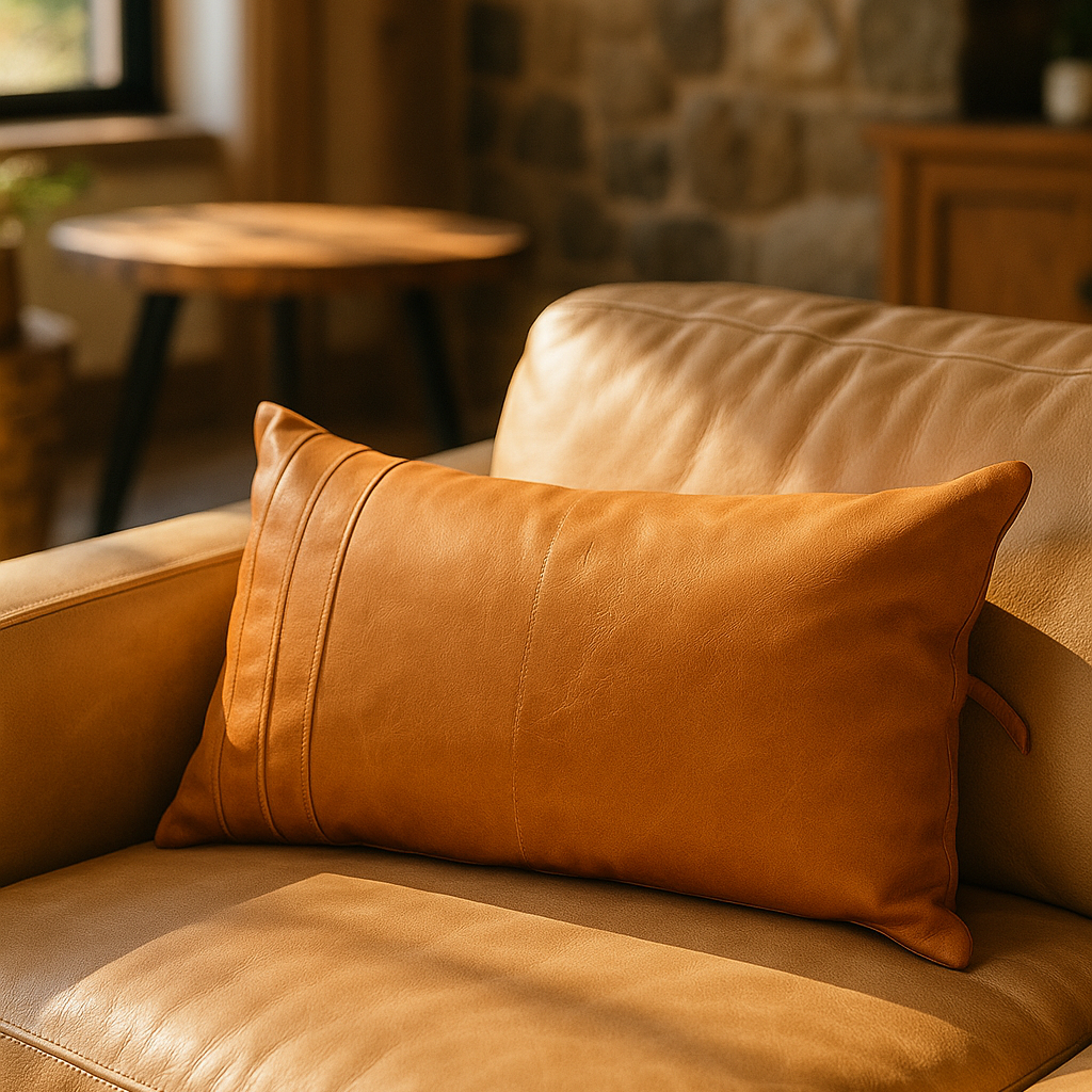 Boho Tan Leather Cushion - Handcrafted Lumbar Accent Pillow
