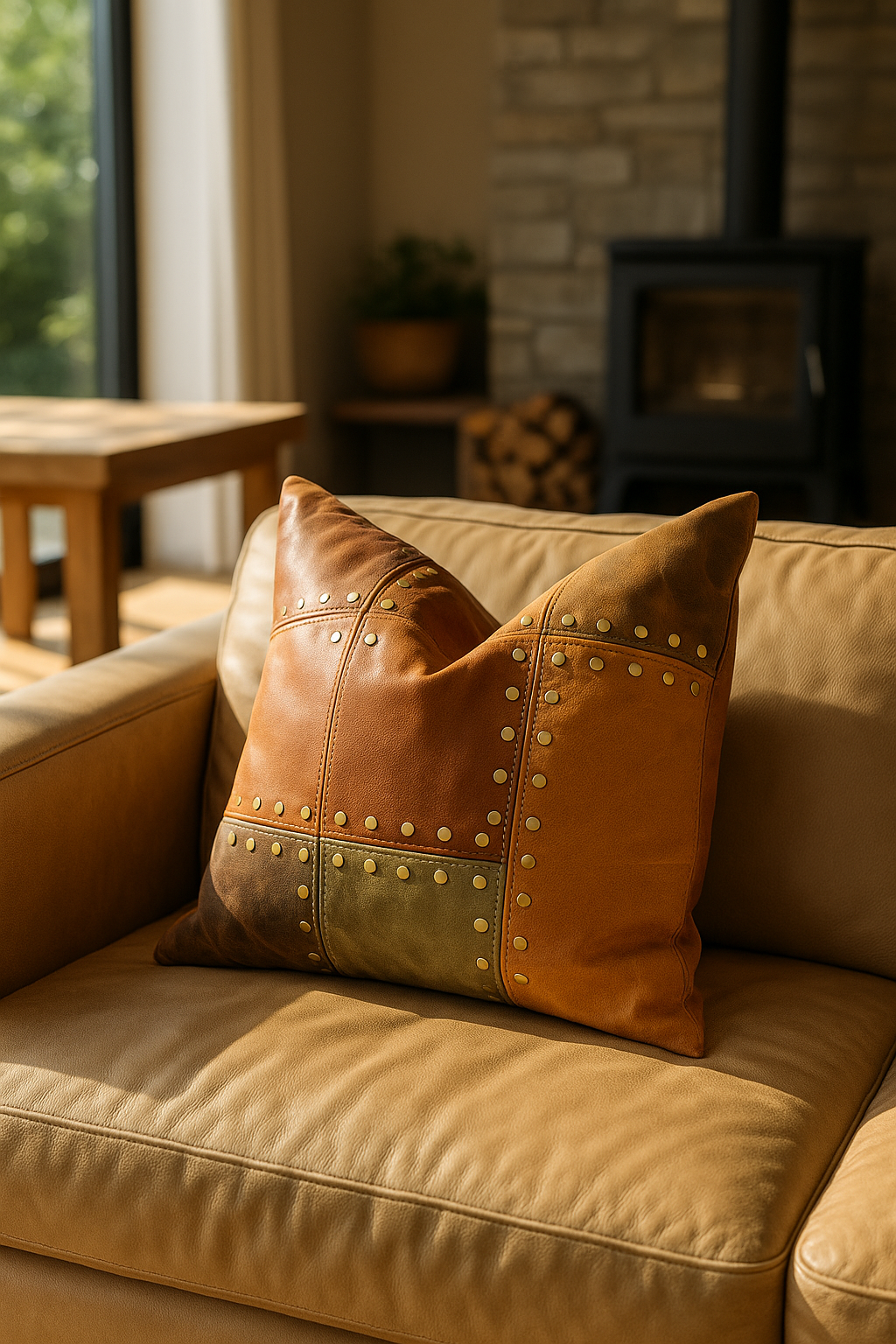 Artisan Leather Patchwork Cushion Cover - Rustic & Boho Style