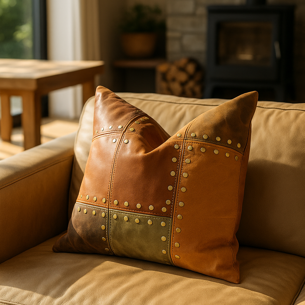 Artisan Leather Patchwork Cushion Cover - Rustic & Boho Style