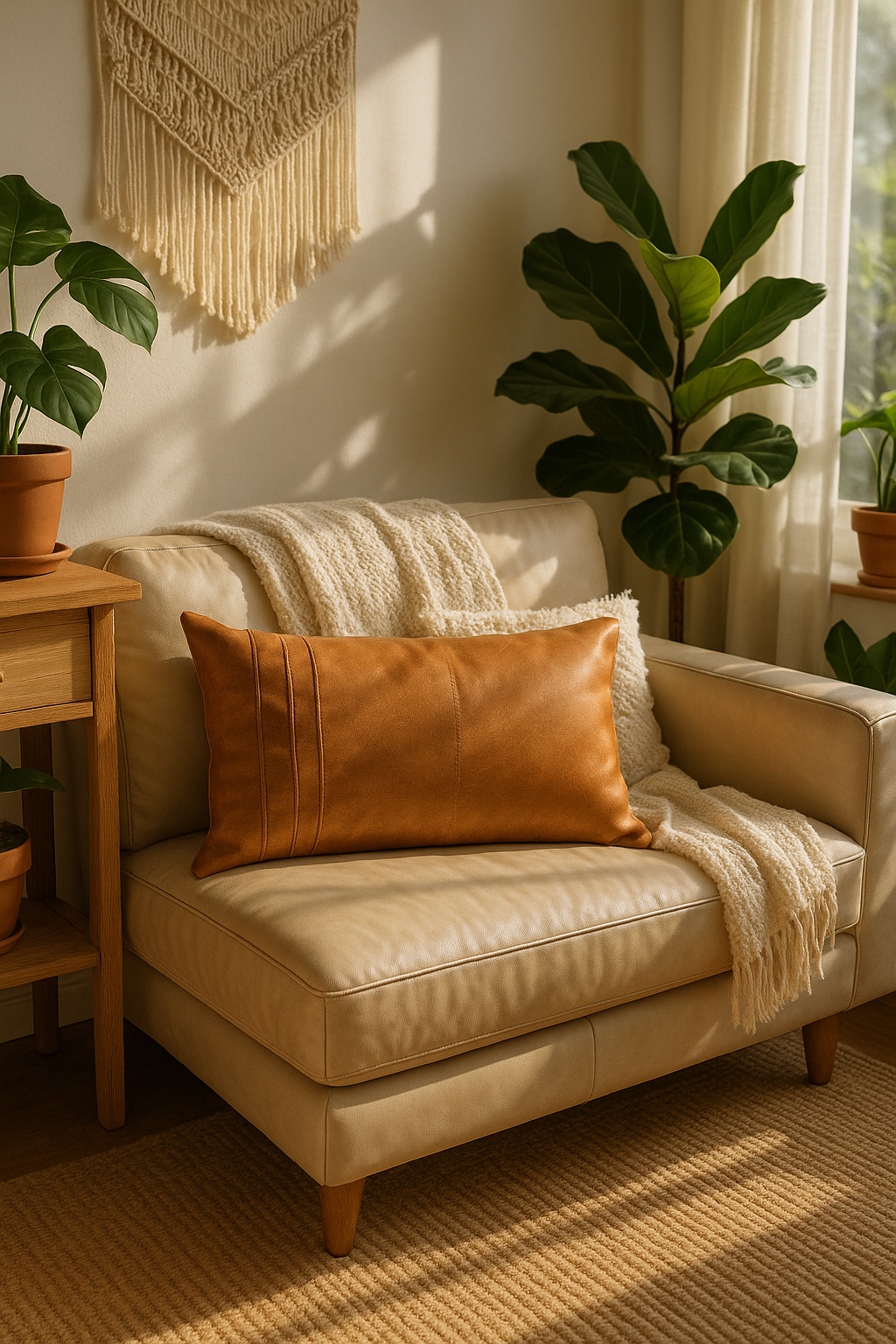 Boho Tan Leather Cushion - Handcrafted Lumbar Accent Pillow