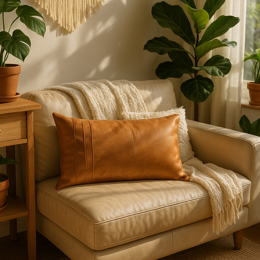 Boho Tan Leather Cushion - Handcrafted Lumbar Accent Pillow