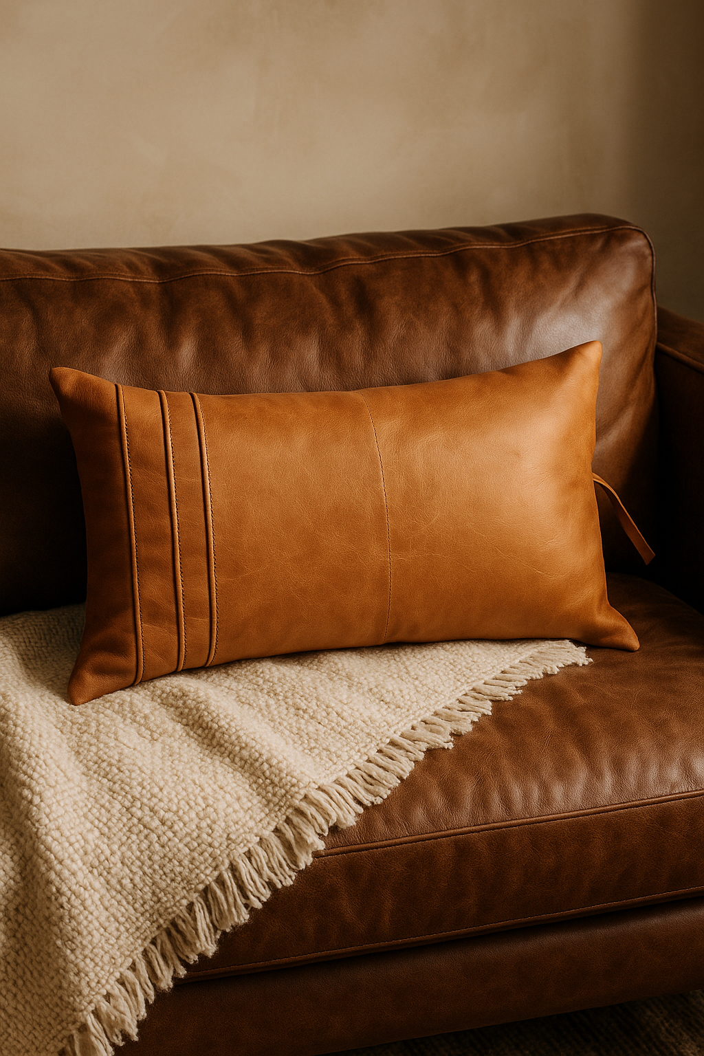 Boho Tan Leather Cushion - Handcrafted Lumbar Accent Pillow