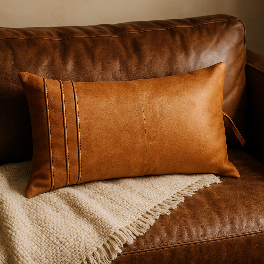 Boho Tan Leather Cushion - Handcrafted Lumbar Accent Pillow