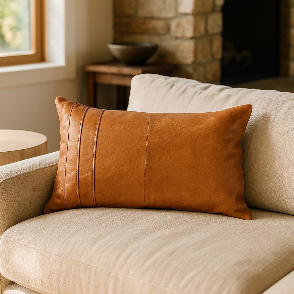 Boho Tan Leather Cushion - Handcrafted Lumbar Accent Pillow