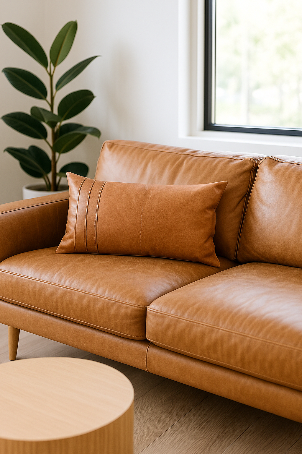 Boho Tan Leather Cushion - Handcrafted Lumbar Accent Pillow