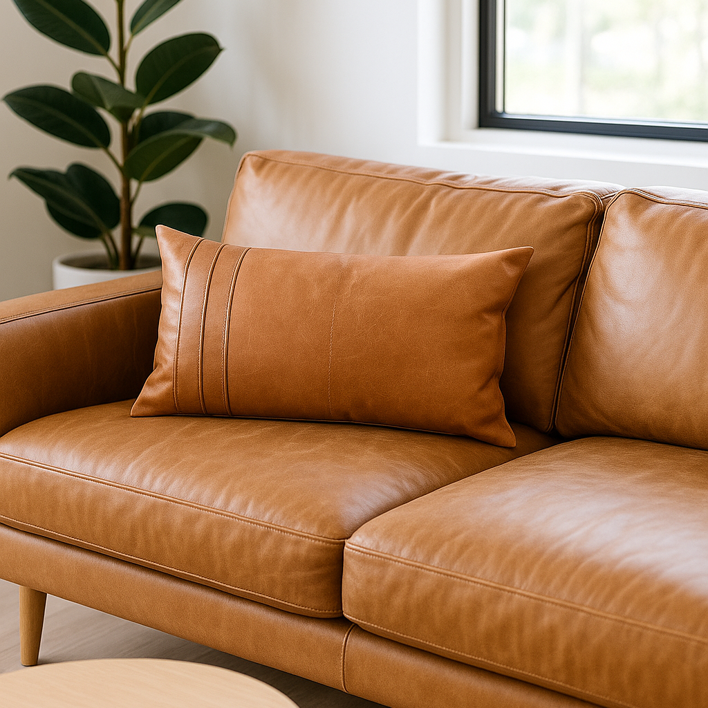 Boho Tan Leather Cushion - Handcrafted Lumbar Accent Pillow