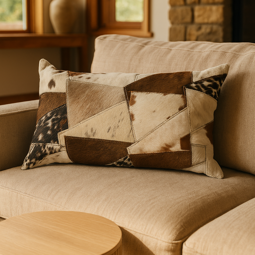 Lumbar Patchwork Cowhide Leather Cushion - Rustic Luxe