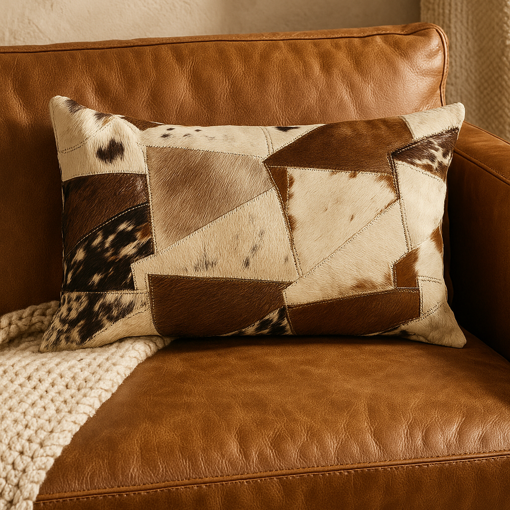 Lumbar Patchwork Cowhide Leather Cushion - Rustic Luxe