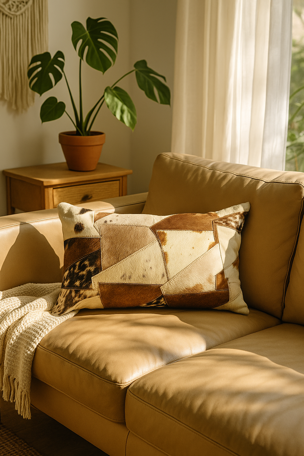 Lumbar Patchwork Cowhide Leather Cushion - Rustic Luxe