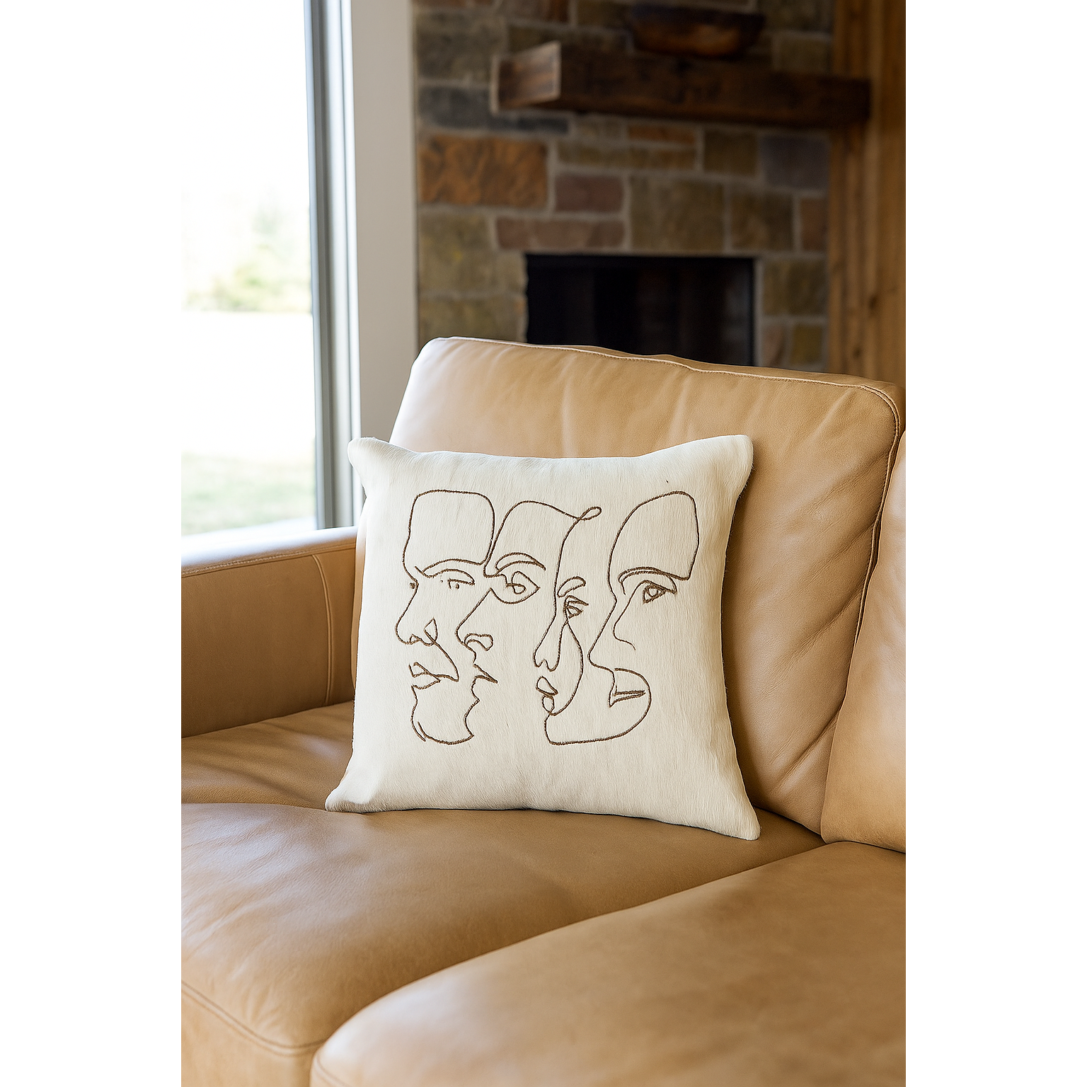 Handmade Cowhide Cushion Cover - Abstract Face Design