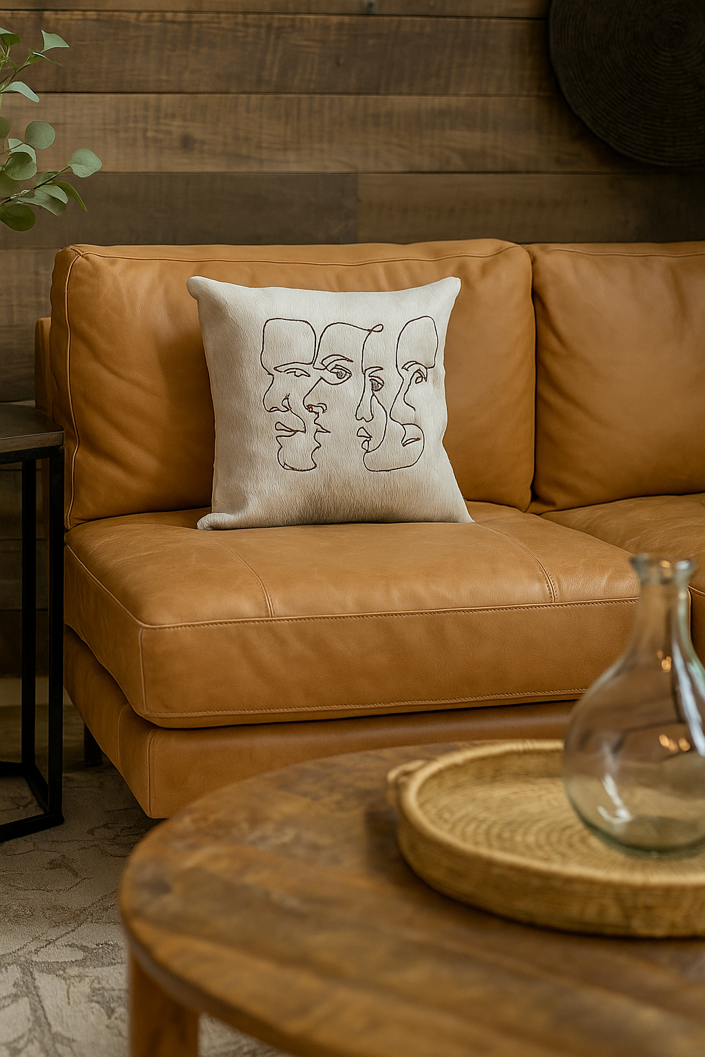 Handmade Cowhide Cushion Cover - Abstract Face Design