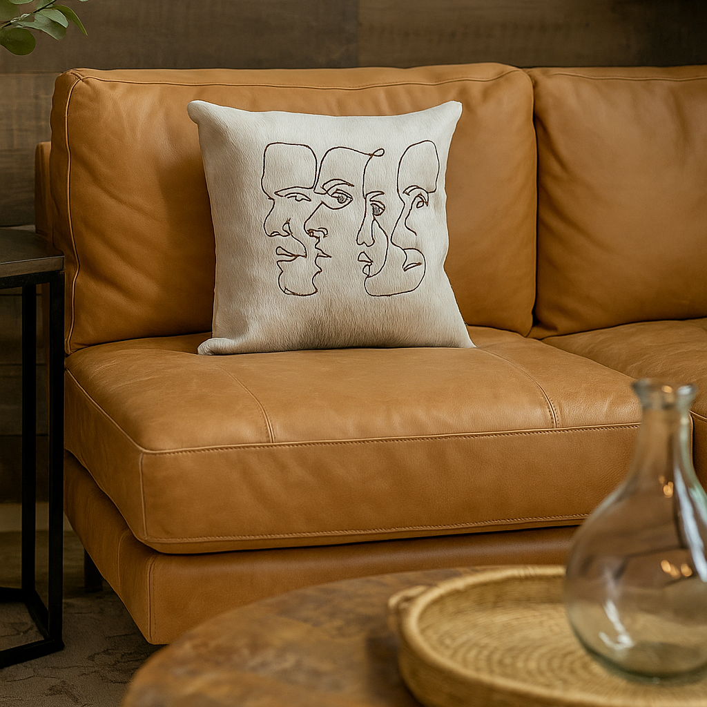 Handmade Cowhide Cushion Cover - Abstract Face Design