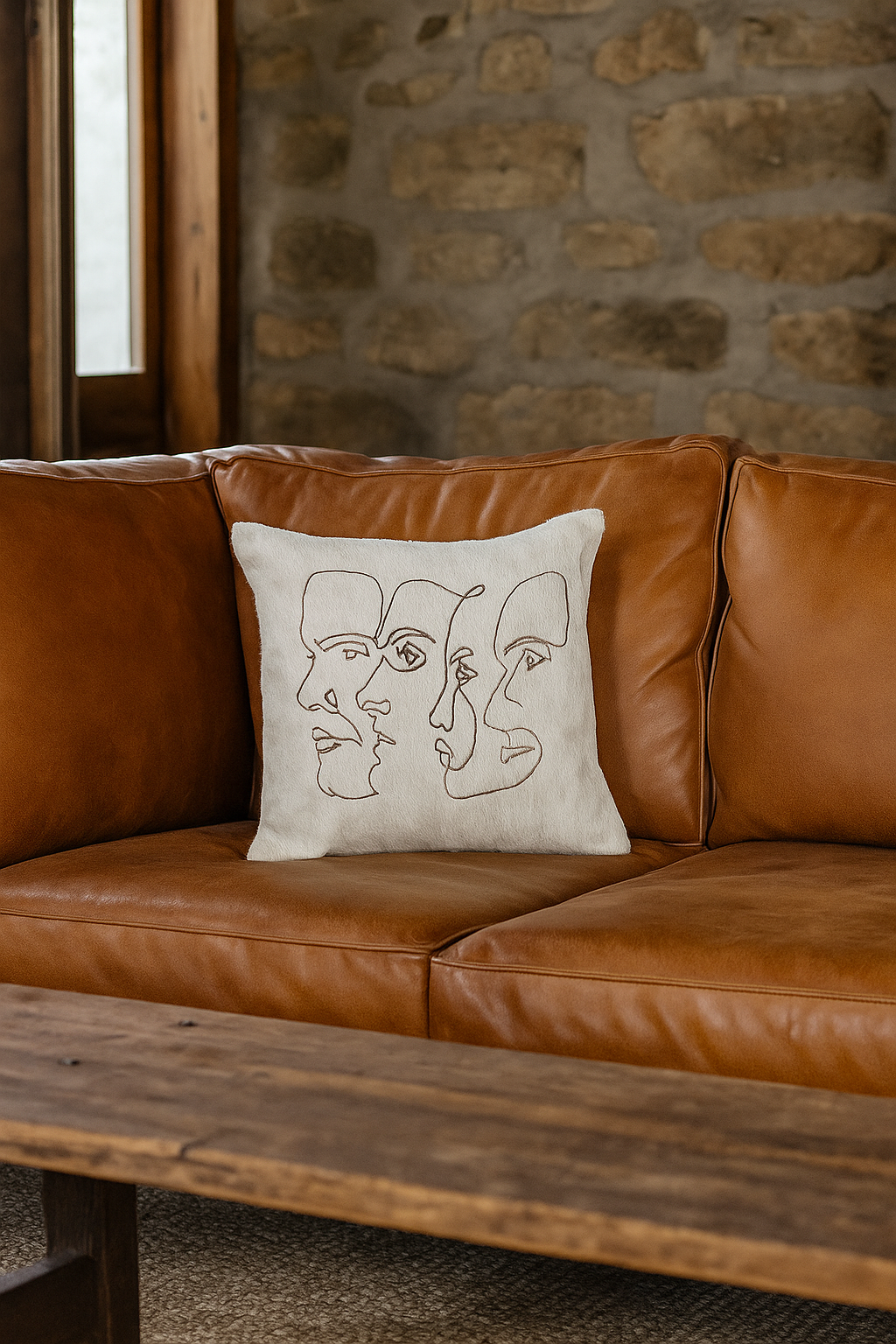 Handmade Cowhide Cushion Cover - Abstract Face Design
