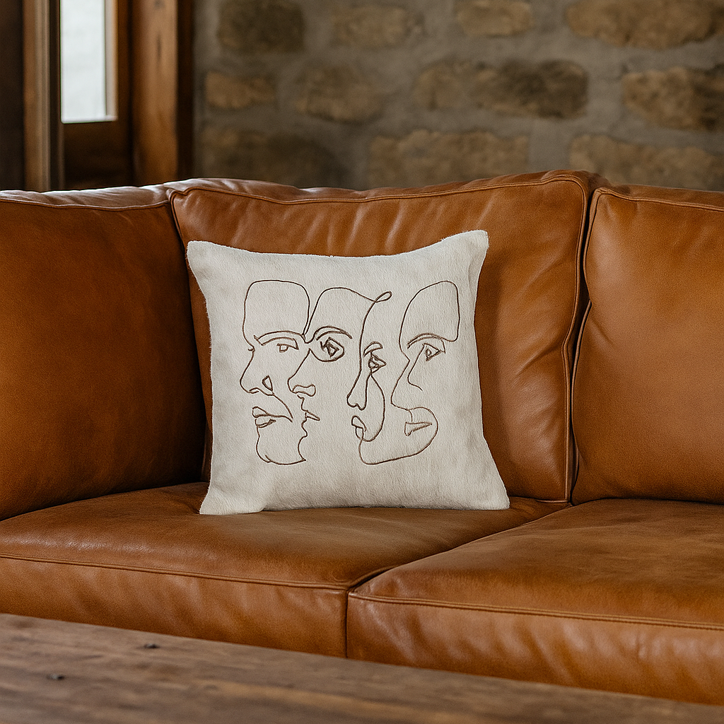Handmade Cowhide Cushion Cover - Abstract Face Design