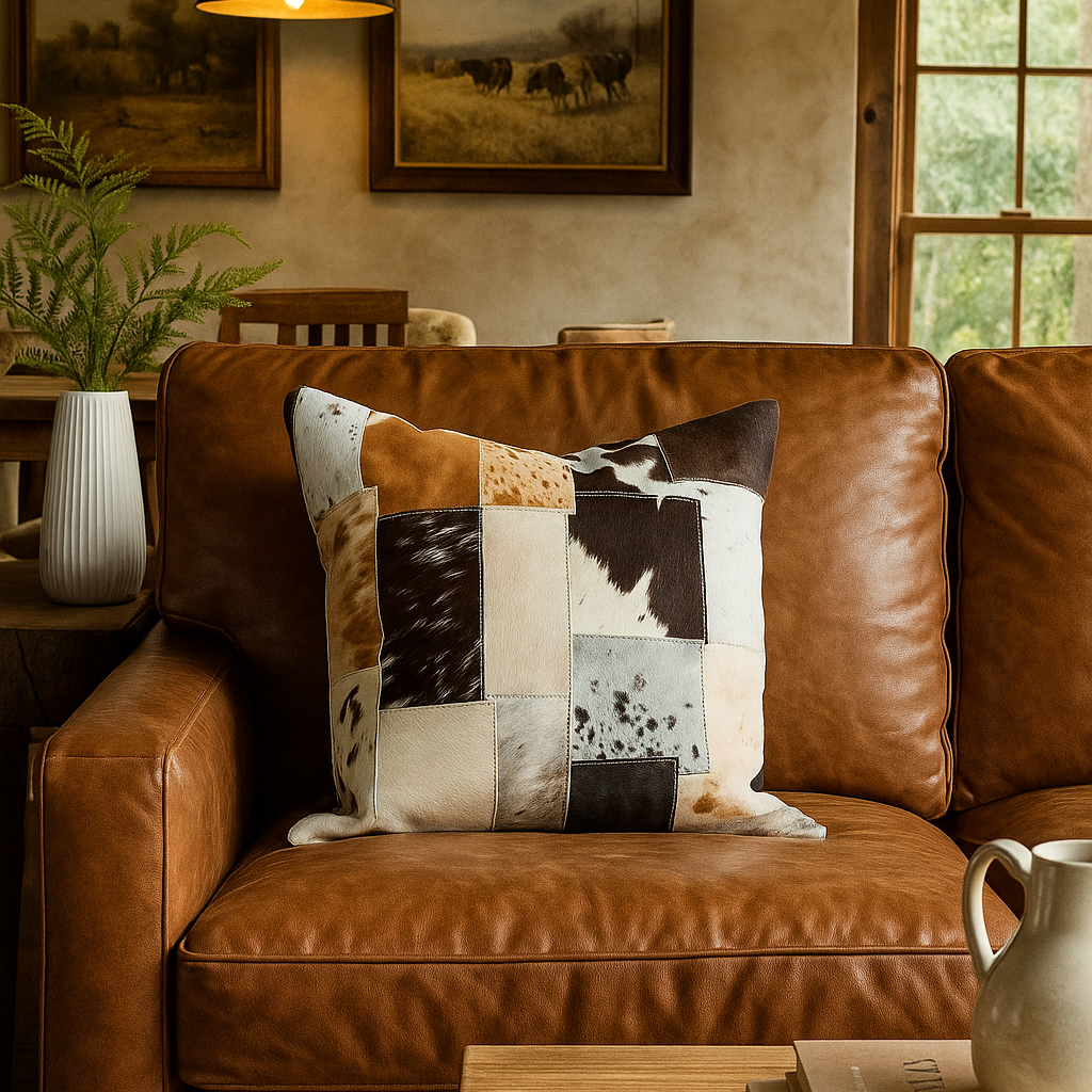 Patchwork Cowhide Leather Cushion Cover - Handmade 45x45