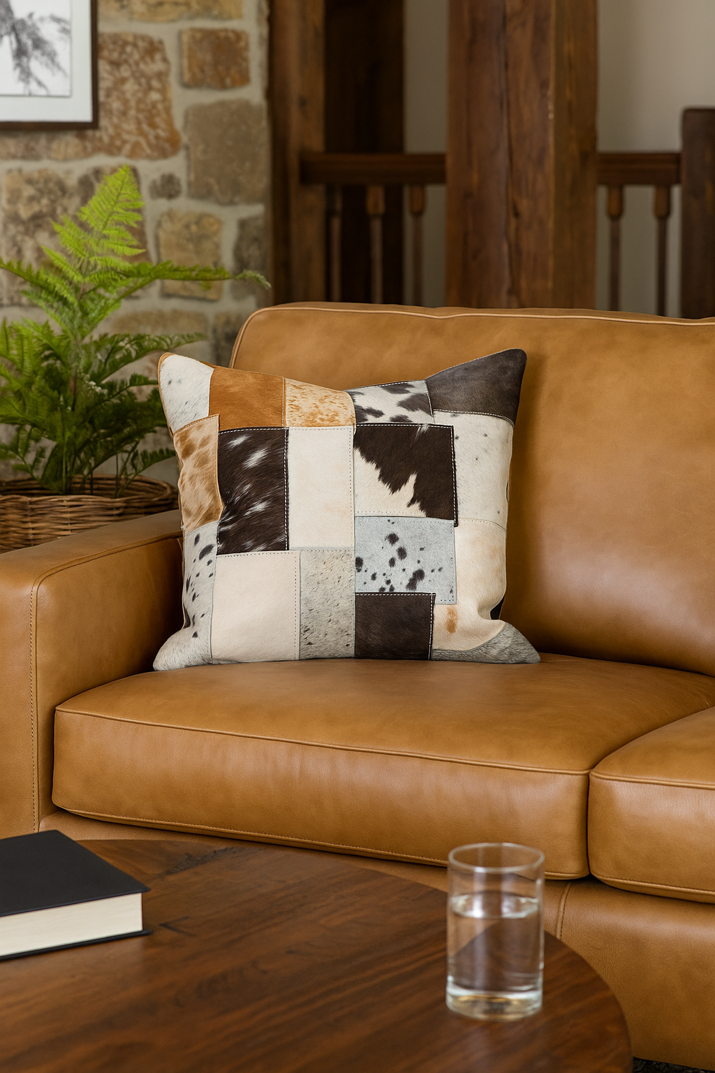 Patchwork Cowhide Leather Cushion Cover - Handmade 45x45