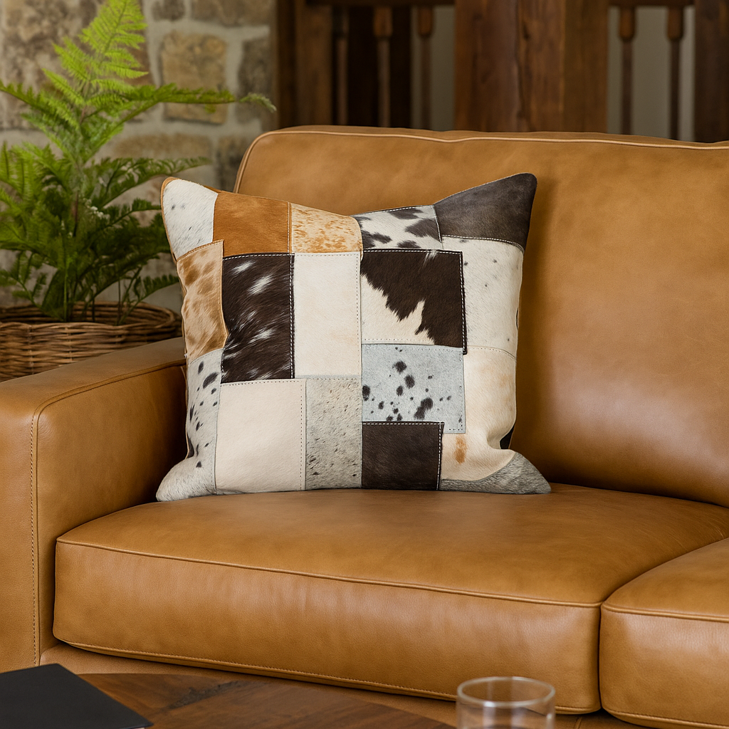 Patchwork Cowhide Leather Cushion Cover - Handmade 45x45
