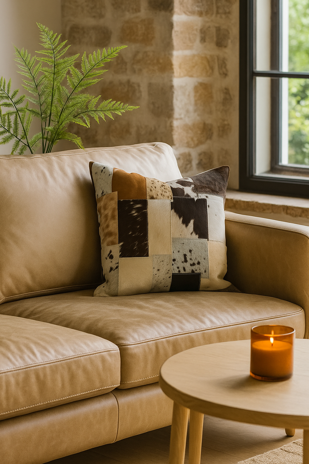 Patchwork Cowhide Leather Cushion Cover - Handmade 45x45