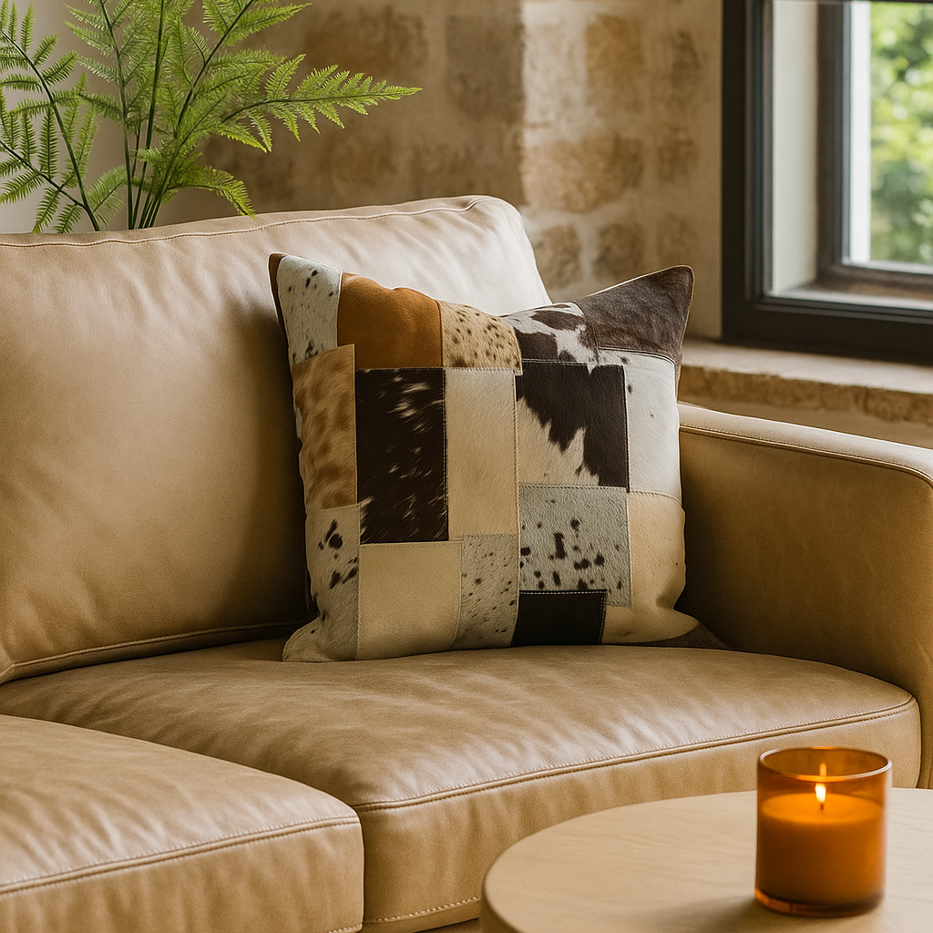 Patchwork Cowhide Leather Cushion Cover - Handmade 45x45