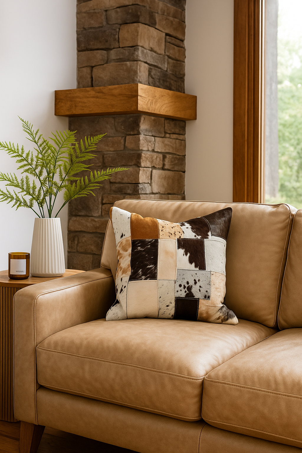 Patchwork Cowhide Leather Cushion Cover - Handmade 45x45