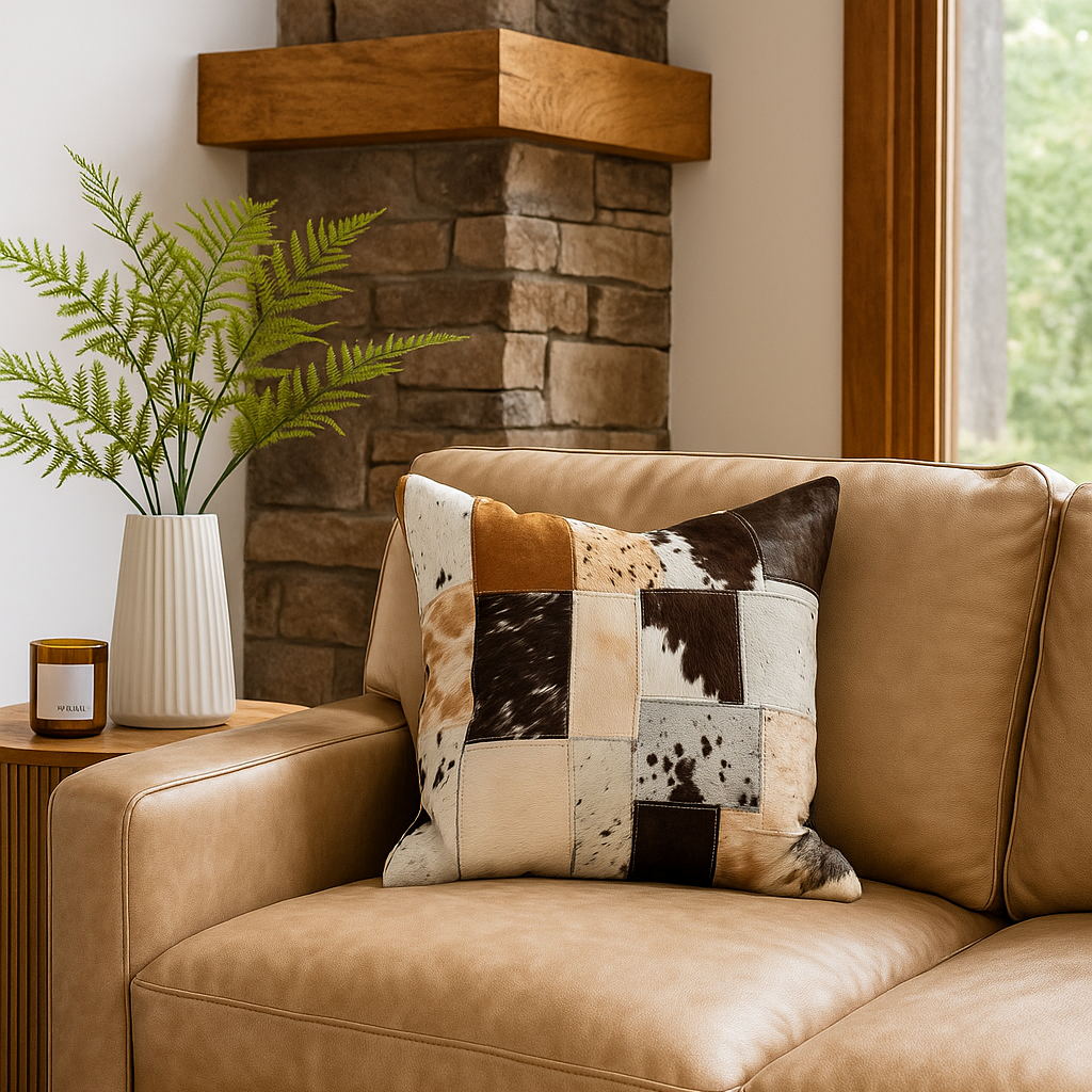 Patchwork Cowhide Leather Cushion Cover - Handmade 45x45