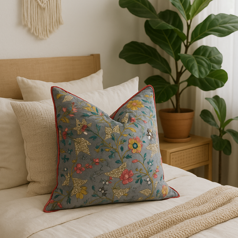 Grey cotton cushion cover with red piping and a colorful floral country-style pattern on a bed.