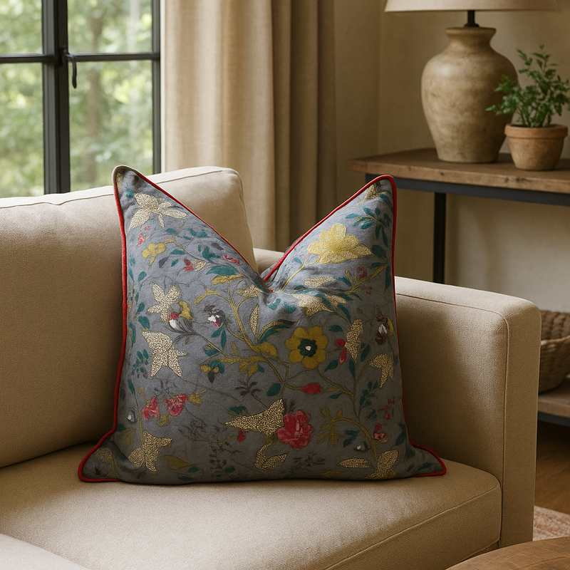 Grey cotton cushion cover with red piping and a gold, red, and green floral country-style pattern.