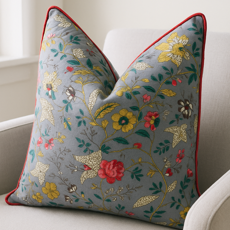 Grey cotton cushion cover with red piping and a vibrant floral country pattern.