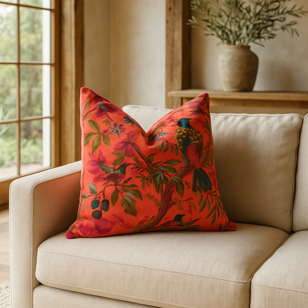 Bird & Floral Velvet Cushion - Orange Boho Luxe Throw Pillow