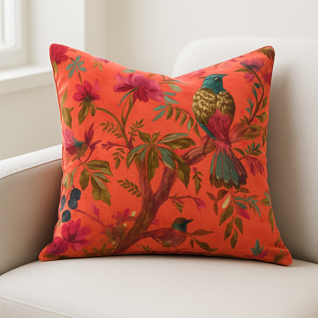 Bird & Floral Velvet Cushion - Orange Boho Luxe Throw Pillow