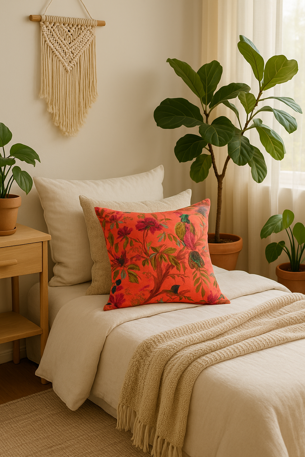 Bird & Floral Velvet Cushion - Orange Boho Luxe Throw Pillow